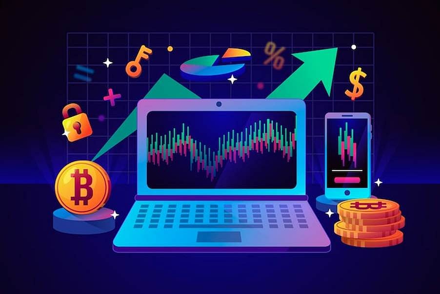 Laptop and phone displaying crypto trading charts with Bitcoin coins, growth arrow, and finance icons - null