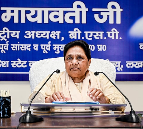 Bahujan Samaj Party (BSP) chief Mayawati during a meeting with party leaders, in Lucknow.