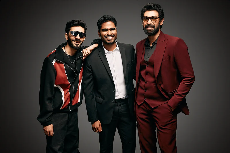 Rana Daggubati, Anirudh Ravichander, and Harsha Vadlamudi posing