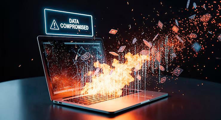 Data compromised alert on a burning laptop - null