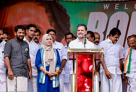 Leader of Opposition in the Lok Sabha Rahul Gandhi addresses a public meeting ahead of the Kerala assembly elections, in Perambra, Kerala. Congress leaders Shafi Parambil, KC Venugopal and others are also seen. 