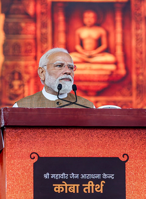 Prime Minister Narendra Modi addresses a gathering during the inauguration of the Samrat Samprati Museum, in Gandhinagar, Gujarat. 