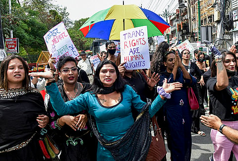 LGBTQIA+ community supporters stage a protest against the passage of the Transgender Persons (Protection of Rights) Amendment Bill, 2026 on International Transgender Day of Visibility, in Dehradun, Uttarakhand.
