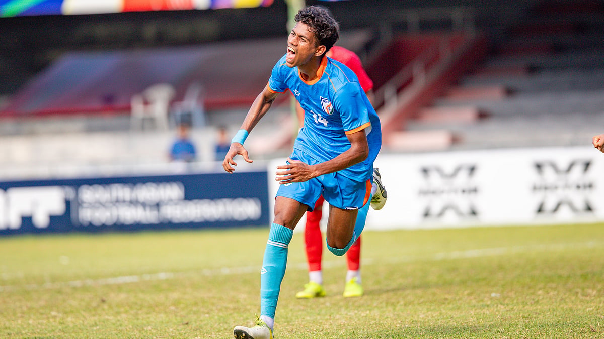 India's Vishal Yadav celebrates after scoring against Bangladesh during their SAFF U20 Championship match on March 28, 2026. - | Photo: AIFF