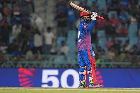 Delhi Capitals' Sameer Rizvi celebrates his fifty runs during the Indian Premier League cricket match between Lucknow Super Giants and Delhi Capitals in Lucknow, India.
