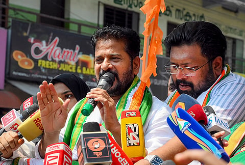 Telangana Chief Minister Revanth Reddy addresses an election campaign in support of Congress-led United Democratic Front (UDF) candidates ahead of the Kerala Legislative Assembly Election, in Thiruvananthapuram, Kerala.