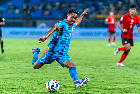India's Lallianzuala Chhangte shoots during the AFC Asian Cup Qualifiers match against Hong Kong on March 31, 2026