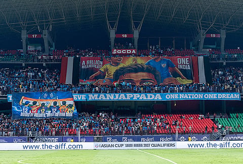 India fans unfurl a banner during the AFC Asian Cup Qualifiers match against Hong Kong on March 31, 2026.