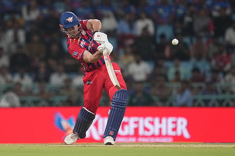 Lucknow Super Giants' Mitchell Marsh plays a shot during the Indian Premier League cricket match between Lucknow Super Giants and Delhi Capitals in Lucknow, India.