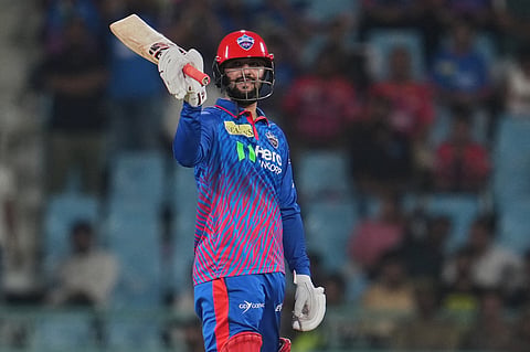 Delhi Capitals' Sameer Rizvi celebrates his fifty runs during the Indian Premier League cricket match between Lucknow Super Giants and Delhi Capitals in Lucknow, India, Wednesday, April 1, 2026.