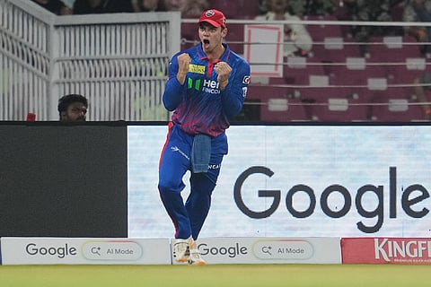 Delhi Capitals' Tristan Stubbs celebrates after taking the catch to dismiss Lucknow Super Giants' Mitchell Marsh during the Indian Premier League cricket match between Lucknow Super Giants and Delhi Capitals in Lucknow, India.