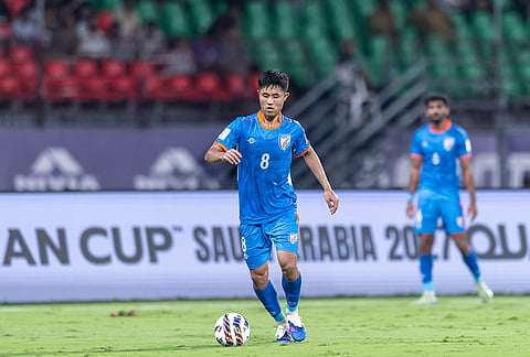 India's Apuia with the ball during the AFC Asian Cup Qualifiers match against Hong Kong on March 31, 2026