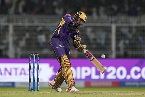 Kolkata Knight Riders' Sunil Narine hits a six during the Indian Premier League cricket match between Kolkata Knight Riders and Sunrisers Hyderabad in Kolkata, India.