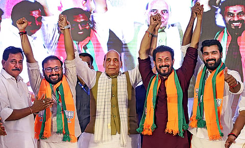 Defence Minister Rajnath Singh during a public rally ahead of the Kerala Assembly elections, in Thiruvananthapuram.
