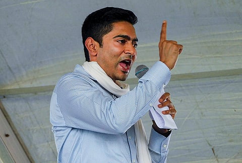 All India Trinamool Congress General Secretary and MP Abhishek Banerjee addresses a public rally in support of party candidate for Taldangra constituency, Falguni Singhababu, unseen, ahead of the West Bengal Assembly Election, in Bankura district.