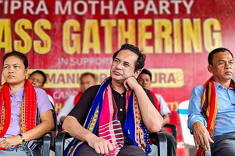 TIPRA Motha Party (TMP) founder and leader Pradyot Kishore Manikya Debbarma during a mass gathering as he campaigns for Tripura Tribal Areas Autonomous District Council (TTAADC) elections under Silachari–Manubankul TTAADC constituency, at Silachari Motorstand in Gomati district, Tripura.
