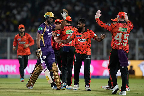 Sunrisers Hyderabad's Eshan Malinga, second from right, celebrates the runout of Kolkata Knight Riders' Angkrish Raghuvanshi , left, uring the Indian Premier League cricket match between Kolkata Knight Riders and Sunrisers Hyderabad in Kolkata, India.