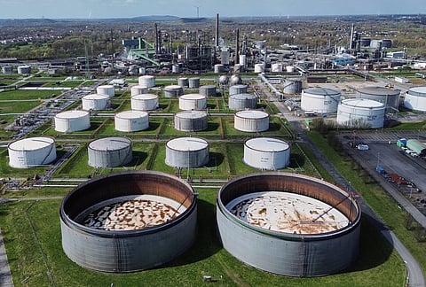 Empty oil tanks are seen at a big BP refinery in Gelsenkirchen, Germany, Wednesday, April 1, 2026. 