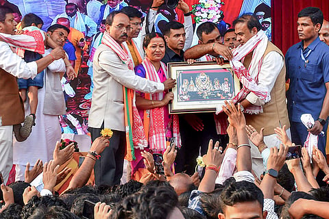 Kamrup: Assam CM Himanta Biswa Sarma during a public meeting in support of AGP candidate from Hajo–Sualkuchi constituency, Prakash Chandra Das, in Kamrup.