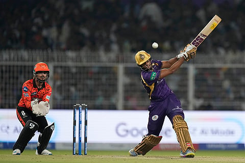 Kolkata Knight Riders' Angkrish Raghuvanshi hits a boundary during the Indian Premier League cricket match between Kolkata Knight Riders and Sunrisers Hyderabad in Kolkata, India.