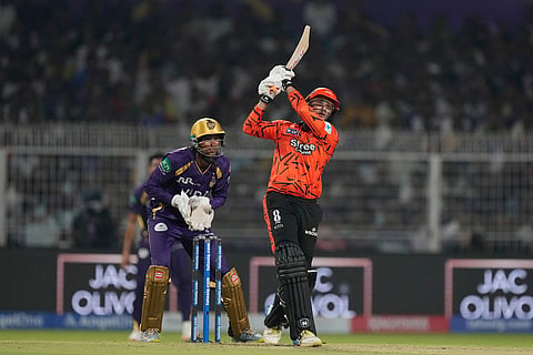Sunrisers Hyderabad's Abhishek Sharma hits a six during the Indian Premier League cricket match between Kolkata Knight Riders and Sunrisers Hyderabad in Kolkata, India.