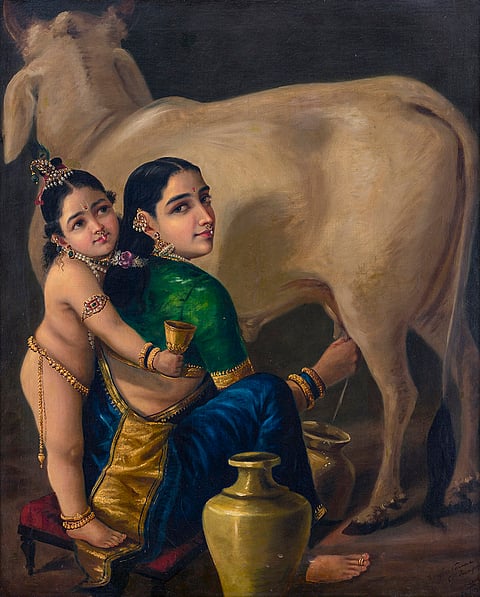 An oil painting titled 'Yashoda and Krishna' by Raja Ravi Varma, which fetched Rs 167.20 crore at Saffronart's Spring Live Auction, in Mumbai. 