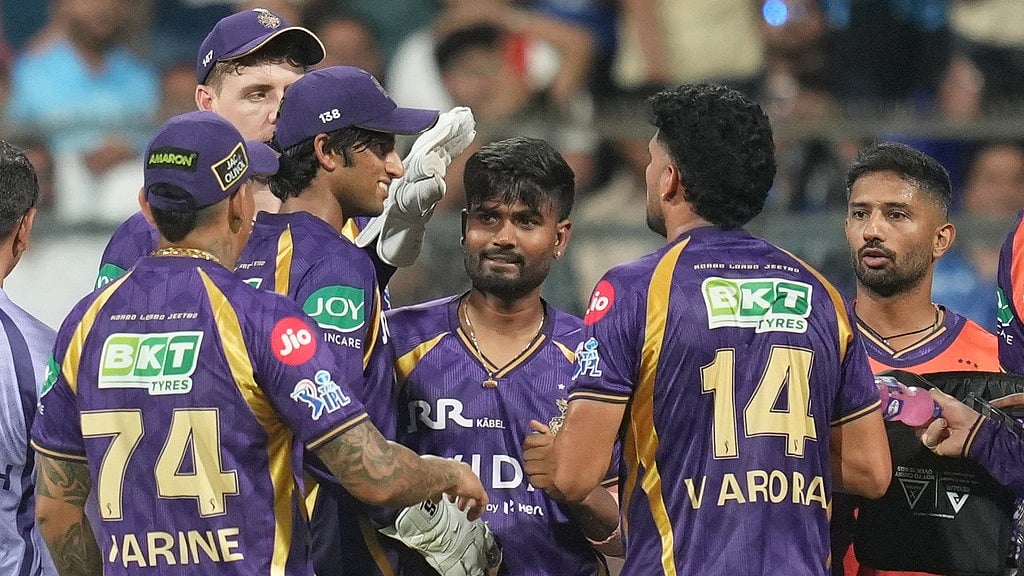 Kolkata Knight Riders' Vaibhav Arora, second right, celebrate with teammates the wicket of Mumbai Indians' Rohit Sharma during their Indian Premier League match in Mumbai. - Photo: AP