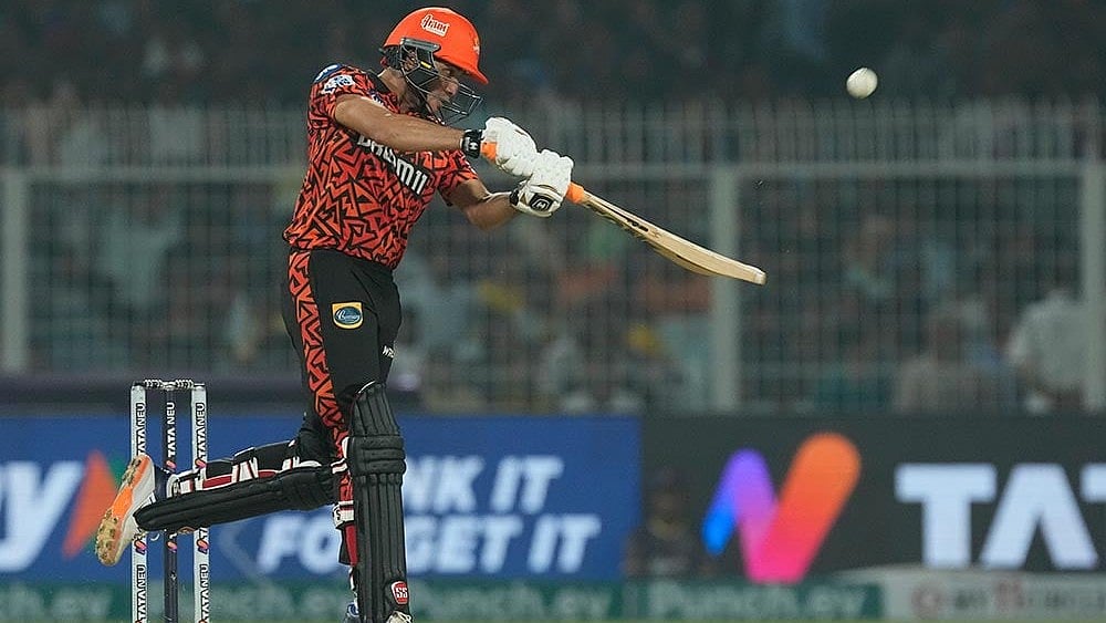 KKR vs SRH, IPL 2026: Abhishek Sharma charges down the track to hit a six at the Eden Gardens - Photo: AP/Bikas Das