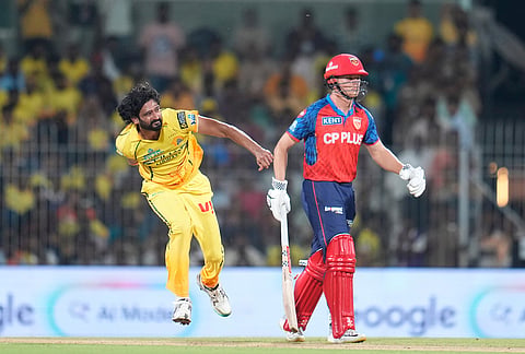 Chennai Super Kings' Khaleel Ahmed bowls a delivery during the Indian Premier League cricket match between Chennai Super Kings and Punjab Kings in Chennai.