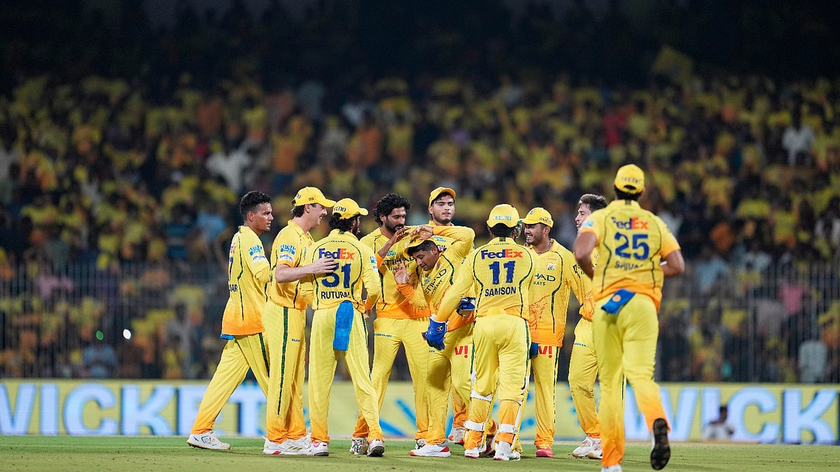 Chennai Super Kings cricketers celebrate a Punjab Kings wicket during IPL 2026 clash at Chepauk.  - AP Photo