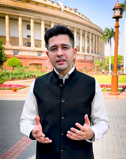 AAP MP Raghav Chadha addresses, a day after being removed as the party's deputy leader in the Rajya Sabha, in New Delhi. 