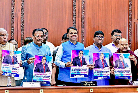Maharashtra CM Devendra Fadnavis chairs a review meeting regarding arrangements of various services and facilities for BR Ambedkar’s birth anniversary at Chaityabhoomi, Mumbai. 