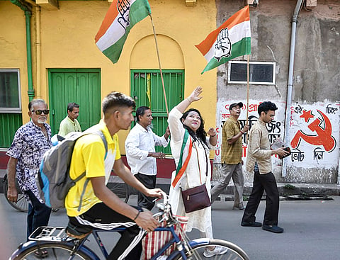 candidate from South Howrah constituency, Deepshikha Bhowmik, campaigns for the West Bengal Assembly elections, in Howrah.