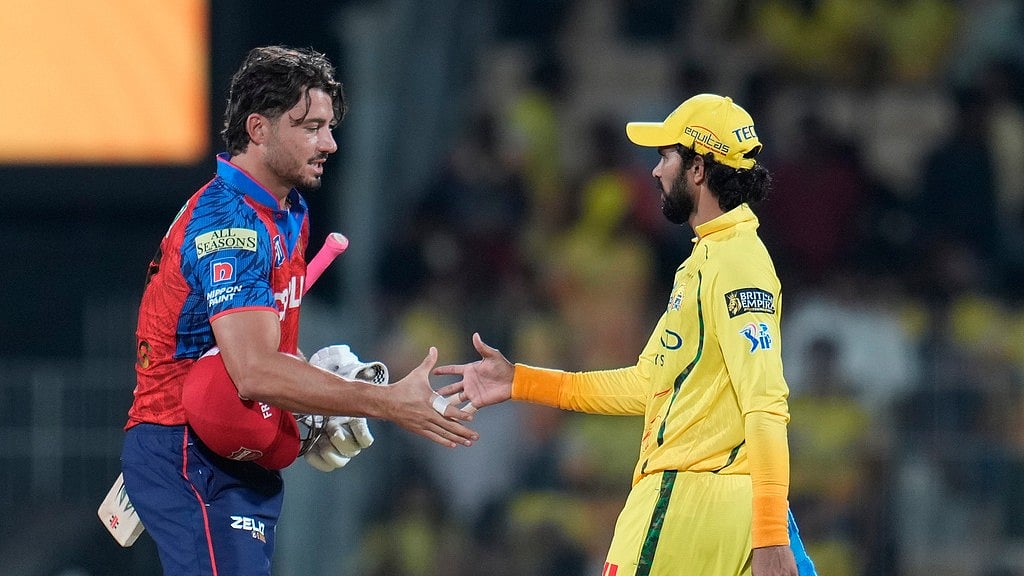 Punjab Kings' Marcus Stoinis shakes hand with Chennai Super Kings' captain Ruturaj Gaikwad after wining the Indian Premier League cricket against Chennai Super Kings and Punjab Kings in Chennai, India, Friday, April 3, 2026. - AP Photo/Aijaz Rahi