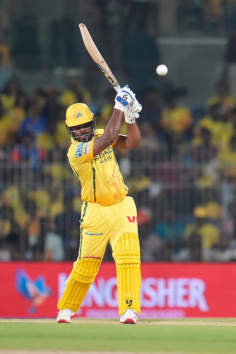 Chennai Super Kings' wicketkeeper Sanju Samson hits a boundary during the Indian Premier League cricket match between Chennai Super Kings and Punjab Kings in Chennai.