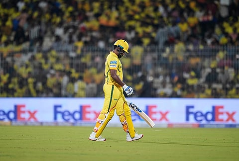 Chennai Super Kings' wicketkeeper Sanju Samson leaves the ground after losing his wicket during the Indian Premier League cricket match between Chennai Super Kings and Punjab Kings in Chennai.