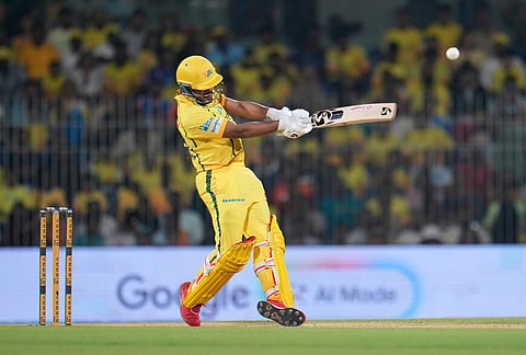 Chennai Super Kings' Ayush Mhatre hits a boundary during the Indian Premier League cricket match between Chennai Super Kings and Punjab Kings in Chennai.