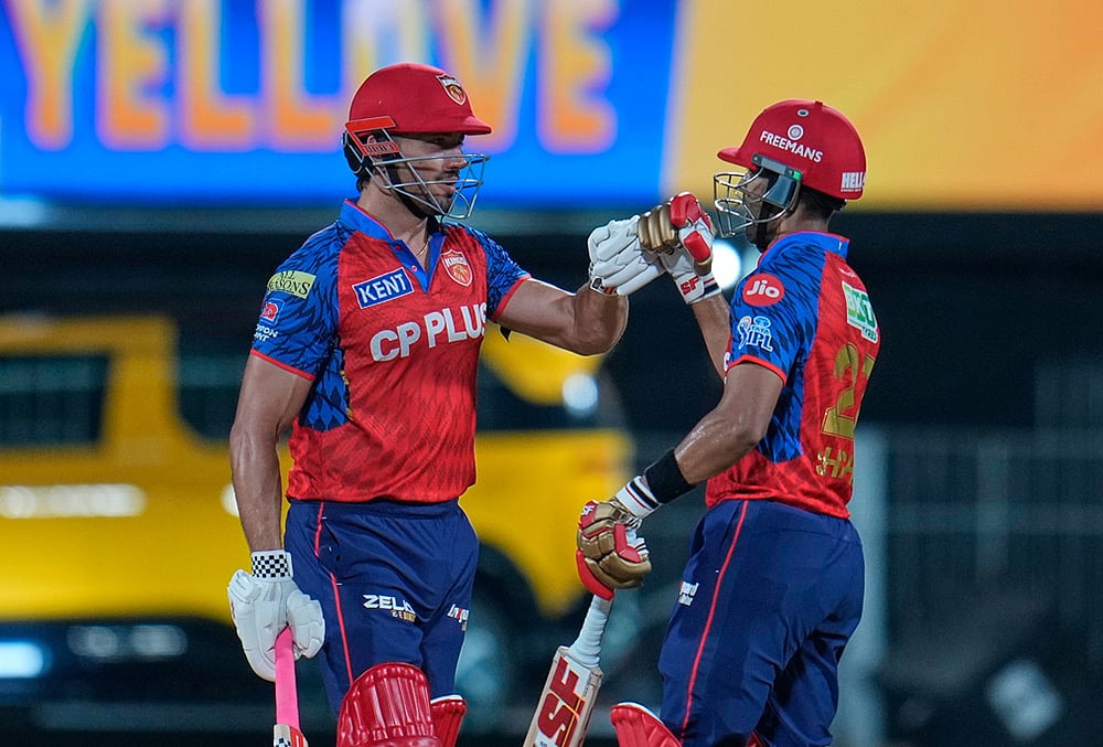 | Photo: AP/Aijaz Rahi : Punjab Kings' Marcus Stoinis with batting partner Shashank Singh celebrate after wining against Chennai Super Kings' during the Indian Premier League cricket in Chennai.