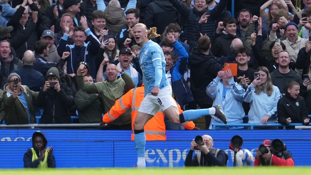 Manchester City's Erling Haaland celebrates after scoring during the FA Cup quarter-final match in Manchester. - Photo: AP