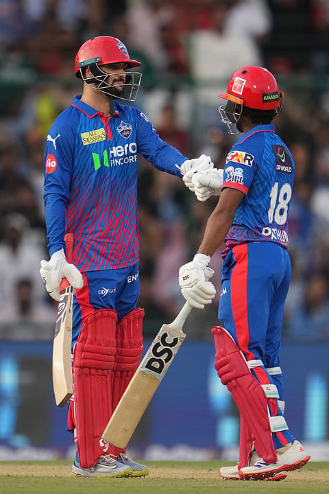 Delhi Capitals' Sameer Rizvi and Pathum Nissanka during the Indian Premier League cricket match between Delhi Capitals and Mumbai Indians in New Delhi.