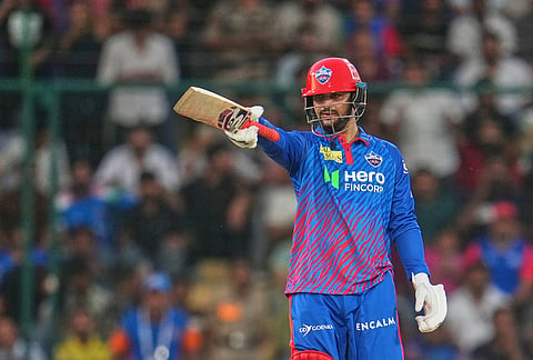 Delhi Capitals' Sameer Rizvi celebrates his fifty runs during the Indian Premier League cricket match between Delhi Capitals and Mumbai Indians in New Delhi.