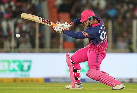 Rajasthan Royals' Vaibhav Sooryavanshi plays a shot during the Indian Premier League cricket match between Gujarat Titans and Rajasthan Royals in Ahmedabad.