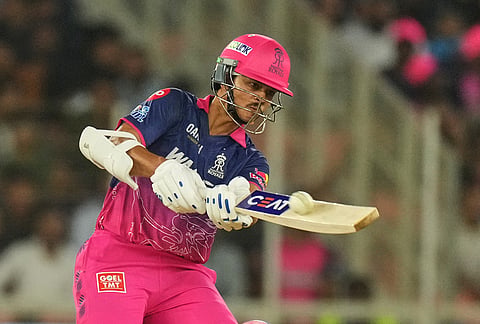 Rajasthan Royals' Yashasvi Jaiswal plays a shot during the Indian Premier League cricket match between Gujarat Titans and Rajasthan Royals in Ahmedabad.