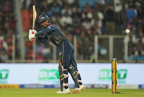 Gujarat Titans' Kumar Kushagra plays a shot delivery during the Indian Premier League cricket match between Gujarat Titans and Rajasthan Royals in Ahmedabad.