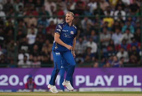 Mumbai Indians' Corbin Bosch during the Indian Premier League cricket match between Delhi Capitals and Mumbai Indians in New Delhi.