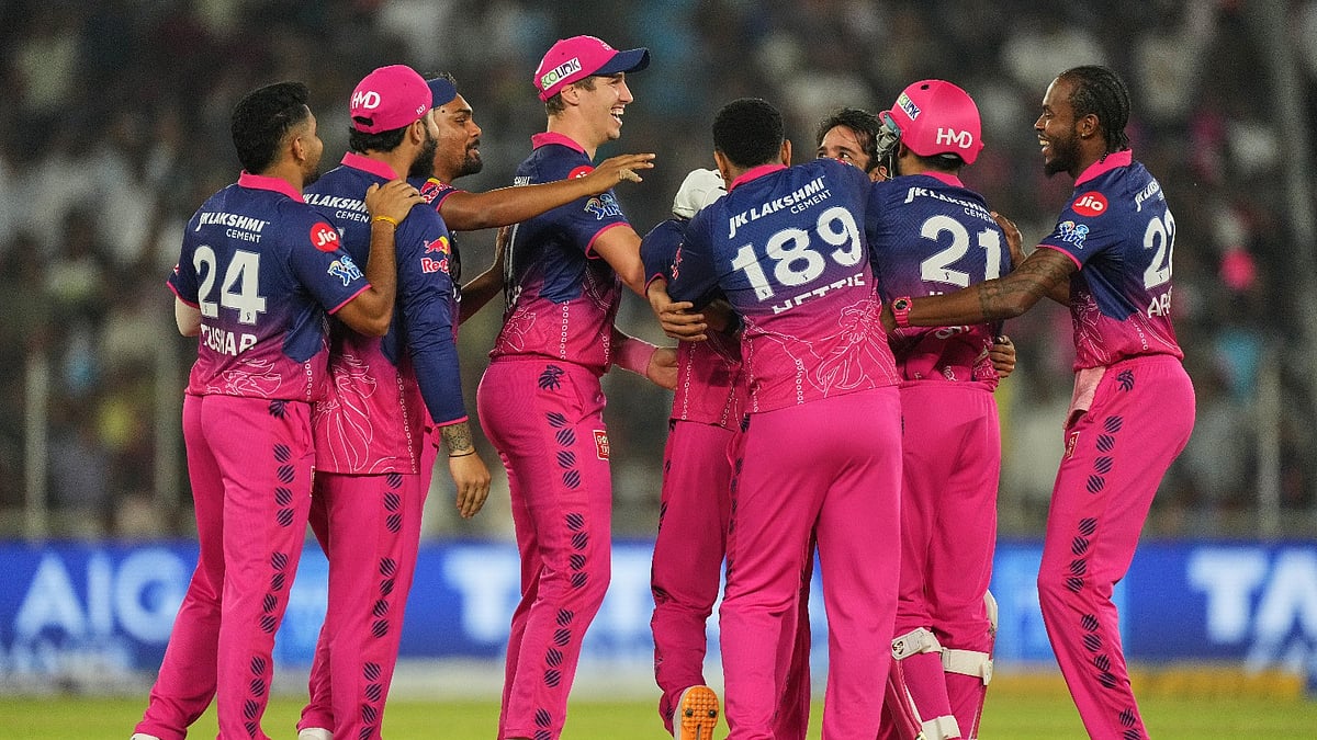 Rajasthan Royals cricketers celebrate a wicket of Gujarat Titans in IPL 2026 clash at the Narendra Modi Stadium in Ahmedabad.  - AP Photo