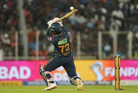 Gujarat Titans' Kumar Kushagra plays a shot delivery during the Indian Premier League cricket match between Gujarat Titans and Rajasthan Royals in Ahmedabad.