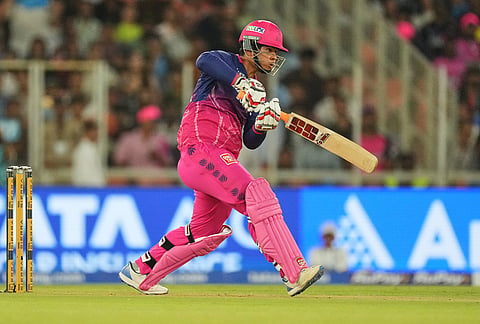 Rajasthan Royals' Vaibhav Sooryavanshi plays a shot during the Indian Premier League cricket match between Gujarat Titans and Rajasthan Royals in Ahmedabad.