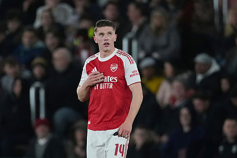 Arsenal's Viktor Gyoekeres celebrates after scoring his side's first goal during the English FA Cup quaterfinal soccer match between Southampton and Arsenal in Southampton, England.