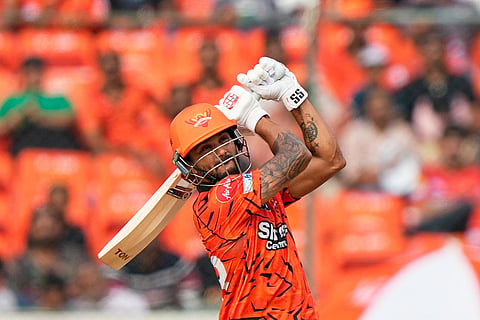 Sunrisers Hyderabad's Nitish Kumar Reddy hits a six during the Indian Premier League cricket match between Sunrisers Hyderabad and Lucknow Super Giants in Hyderabad, India.
